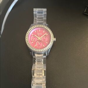 Fossil Pink Dial Clear Strap Watch